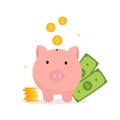 Pink Piggybank icons and dollar coins being put in the piggy bank