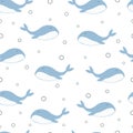 Blue whale and bubbles seamless pattern Sea animal background Royalty Free Stock Photo