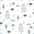 Seamless vector pattern Cartoon animal background That has a hippo with trees and cars Royalty Free Stock Photo