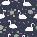 The swan floats in the lake Seamless pattern Cute cartoon animals on the blue background Royalty Free Stock Photo