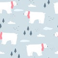 Cute seamless pattern Cartoon background with polar bears and trees