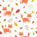 Fox and leaves Cute cartoon animal background Hand drawn seamless vector pattern in cartoon style Royalty Free Stock Photo