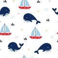 Seamless pattern The sea background with whale and boats Cute design Royalty Free Stock Photo