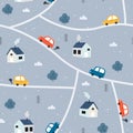 Seamless pattern The background of the rural village with an old car running on the road
