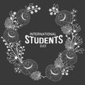 International students day. Black and white illustration with wreath and text.