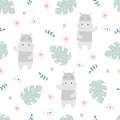 Seamless pattern vector Cute cartoon animal background With hippos and green leaves Royalty Free Stock Photo