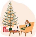 Girl on Christmas eve sitting on the chair with a cat. new year mood, merry Christmas. Royalty Free Stock Photo
