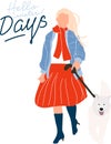 A blond woman walks with a dog. Winter holidays. New year and Christmas card.