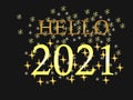 Golden text Hello 2021, party glittering confetti isolated on black.