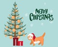 Christmas tree with red cat. Merry Christmas.Warm greeting card. Royalty Free Stock Photo