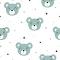 Seamless pattern, smiling face of a green bear and a small star spread as a backdrop