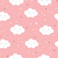 Seamless pattern of The pink sky and white cloud that is cute and the star and the crescent moon