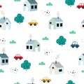 Rural village background Hand drew the seamless pattern with a small house with cars and trees