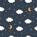 Seamless pattern Night sky with crescent moon and white clouds Royalty Free Stock Photo