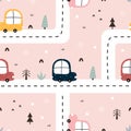 Seamless pattern The car was running on the road and there were small trees along the way. Royalty Free Stock Photo