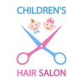 Children hair salon logo. Children faces and scissors with text on a white background.