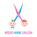 Illustration of kids hair salon logo. kids faces with scissors