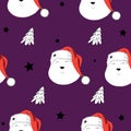 Seamless pattern with cute polar bear heads in santa hat.