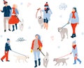 Winter set of people with dogs. People in winter outerwear in blue and red colors.