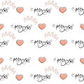 Hand drawn seamless pattern with doodle crowns, hearts and text.