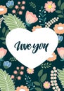 Postcard with floral background. White heart in the middle with words saying Love you.