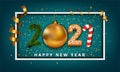 Happy New Year background. 2021 number made from golden christmas ball bauble, stripes elements, cookie, candy and christma Royalty Free Stock Photo