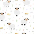 Seamless pattern Cartoon animal background with sheep on flower field Royalty Free Stock Photo