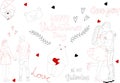 Set of hand drawn St. Valentine`s Day design elements. Heart, bear, text, hands, couples, love, be my valentine. Royalty Free Stock Photo