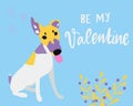 Greeting card for Valentine`s Day with a cute fox terrier and text.