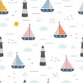 Seamless pattern Sea background with the sailboat and small fish Royalty Free Stock Photo