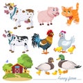 Farm animals. A cow, a duck and a drake with ducklings, a hen and a rooster with chickens, a pig and a ginger cat Royalty Free Stock Photo