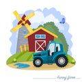 Farm equipment. Blue tractor in the background of a barn, a mill, trees and a fence