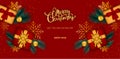 Christmas banner Christmas background design with the red gold gift box and golden Christmas balls and snowflakes Red Christmas po Royalty Free Stock Photo