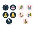 Icons of Christmas tree, balls, mitten, socks, present, bell, mistletoe, gingerbread and champagne glasses Royalty Free Stock Photo