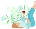 Girl with a glass of wine on a background of blue flowers.