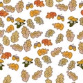 Vector stock illustration of a seamless autumn pattern. Oak leaves, acorns, and porcini mushrooms. Royalty Free Stock Photo