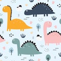 Dinosaurs and trees Seamless pattern cute cartoon animal background