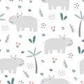 Seamless pattern Cartoon animal background has hippo with trees and flowers Royalty Free Stock Photo