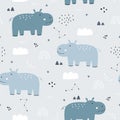 Seamless pattern Cartoon animal background with hippo and sky Simple design, hand-drawn in children`s style Royalty Free Stock Photo