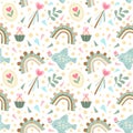 Seamless pattern with rainbows, birds, hearts, cabochon, magic wand, candies on a white background.