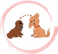 Two cartoon dogs in love in circle.