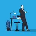 Relaxing businessman with coffee cup in his office. Simple trendy color flat style on blue background