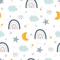 Seamless pattern rainbow with clouds and stars in the sky Royalty Free Stock Photo