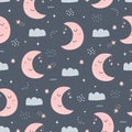 Seamless pattern night sky with crescent moon and clouds Hand drawn design in cartoon style Royalty Free Stock Photo