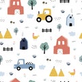 Farm seamless pattern Lovely landscape background with car tractors and houses