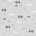 Seamless pattern Farm background with tractor and haystack Hand drawn design in cartoon style and with black and white tone.