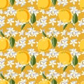 Bright summer lemon fruit seamless pattern background with flowers, leaves and blossoms Royalty Free Stock Photo