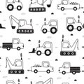 Hand-drawn construction machinery car Seamless vector pattern with tractors Cute design in child style on white background