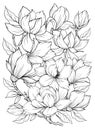 Coloring page with magnolia and leaves. Vector page for coloring. Flower Colouring page. Outline magnolia . Black and white page f