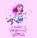 Cartoon mermaid with little fishes illustration for kids fashion artworks, children books, greeting cards, t-shirts Royalty Free Stock Photo